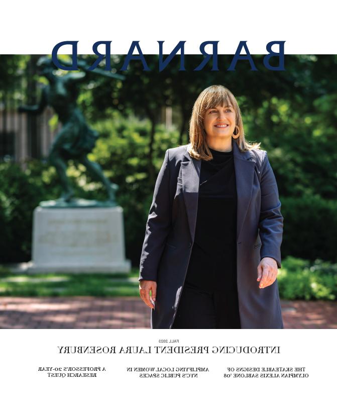Cover of Barnard Magazine with President Rosenbury walking on campus